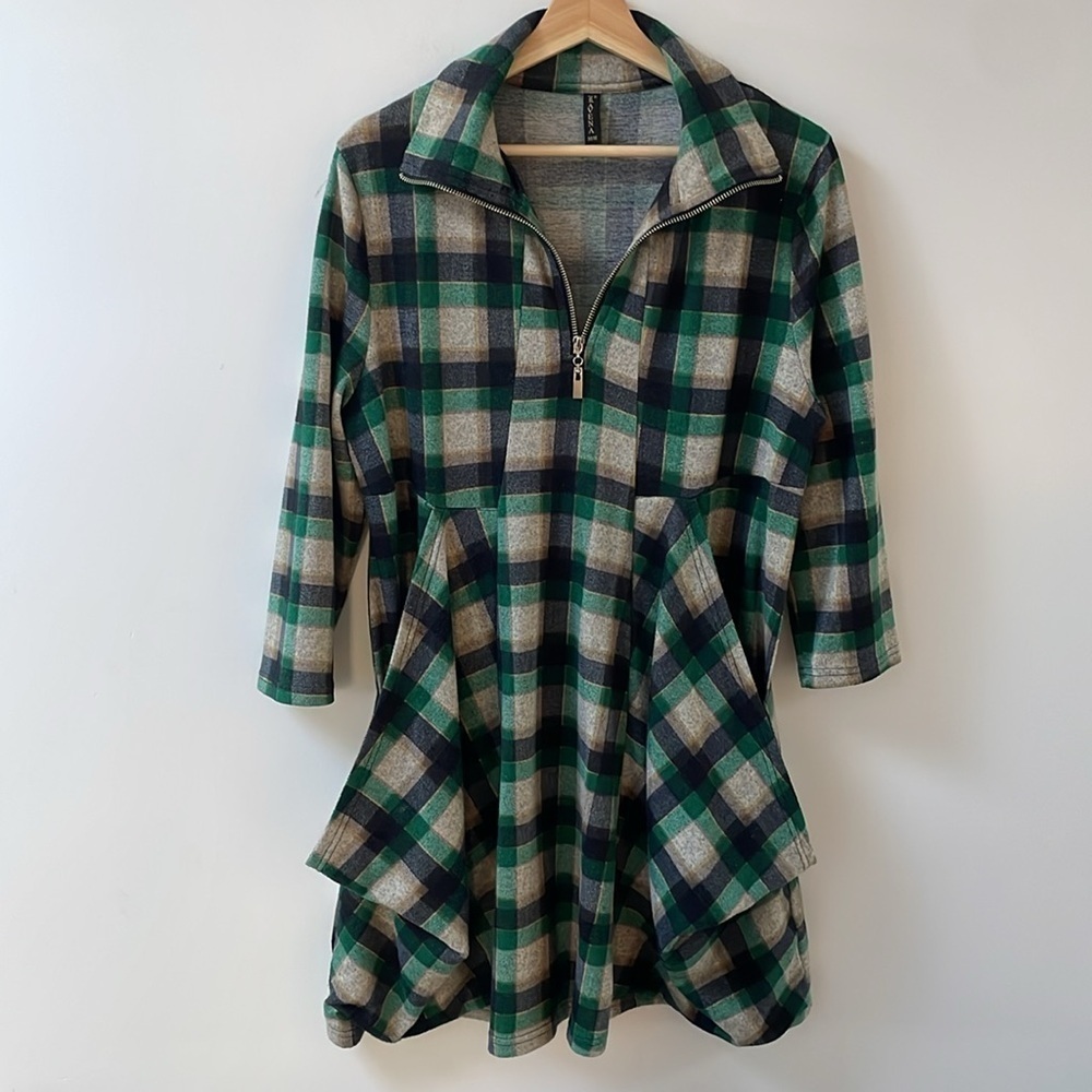 Lavena womens tartan dress top M green black checker big pockets collar zipper